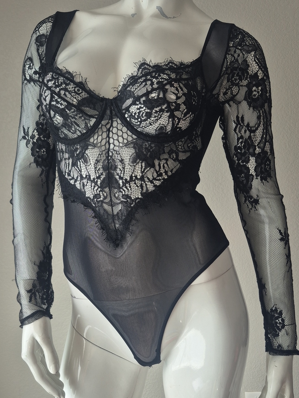 AKIRA Black Lace Long-Sleeve Sheer Bodysuit